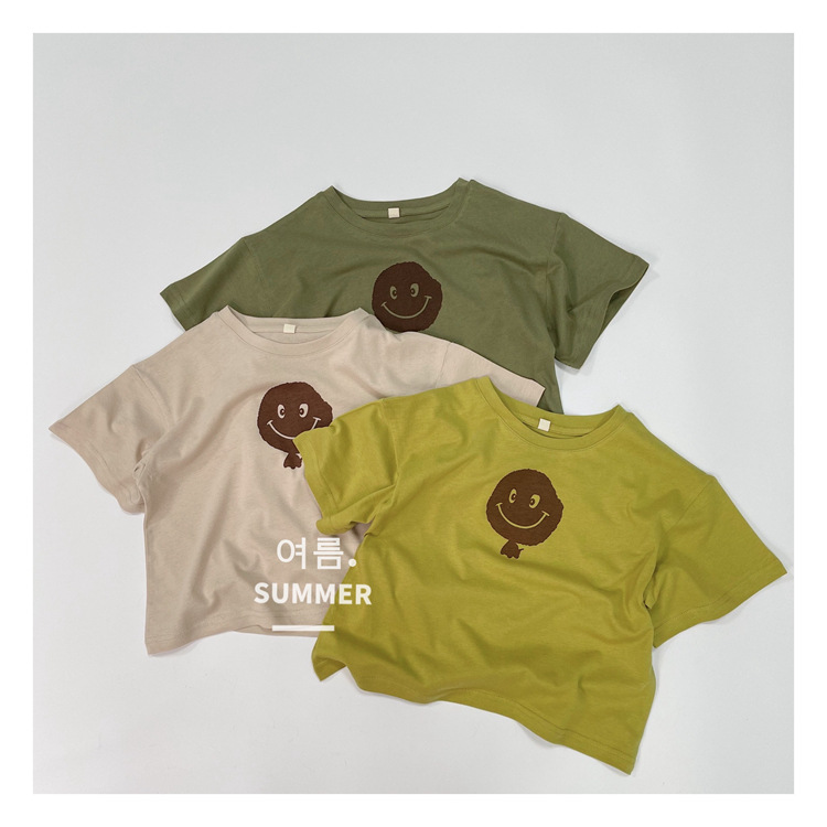 Pure cotton ch thin Korean style children's short-sleeved T-shirt with smiley face print for boys and girls baby style tops with forest base