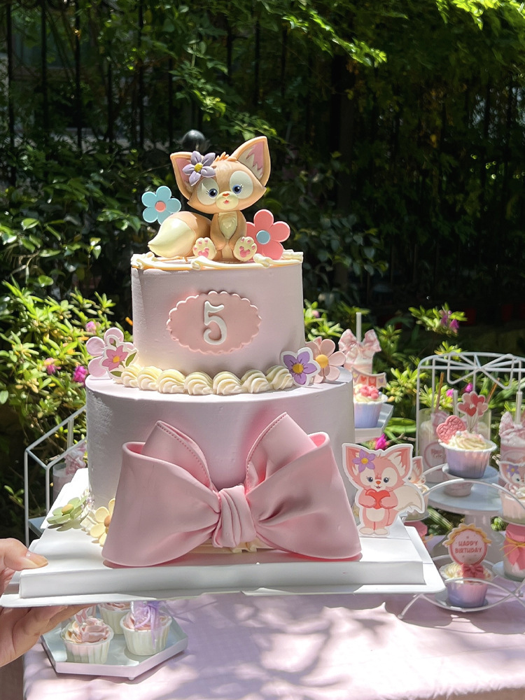 儿童宝宝女孩生日蛋糕装饰粉色狐狸可爱摆件推推乐贴纸甜品台插件