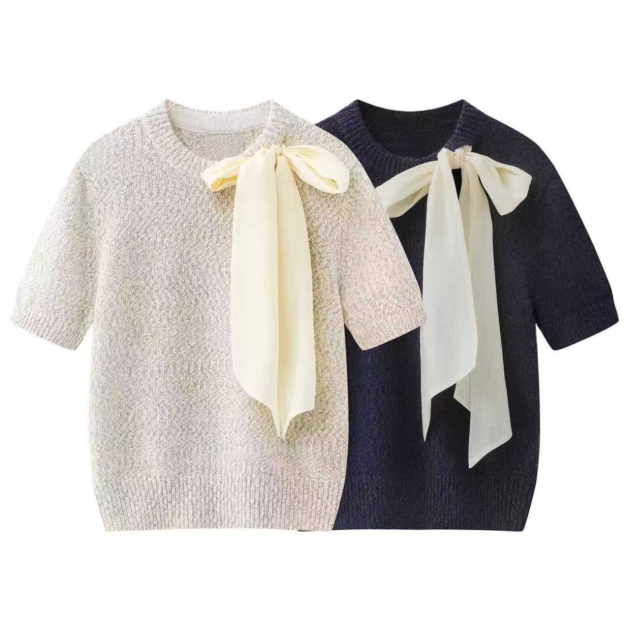 In Stock 2026 Spring New Fashion Bow Tie Ribbon Decoration Short-Sleeved Knit Top for Women Mbf1Swt009