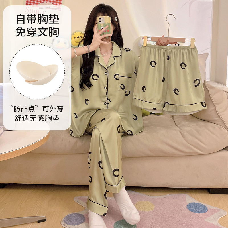 밖에서 입을 수 있는 하이룩 2024 신제품 반팔 3피스 학생 가정복 여성용 아이스 리본 가슴 패드 잠옷