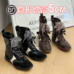 内增高5cm马丁靴女2025新款时尚百搭拳击鞋高帮休闲运动短靴女