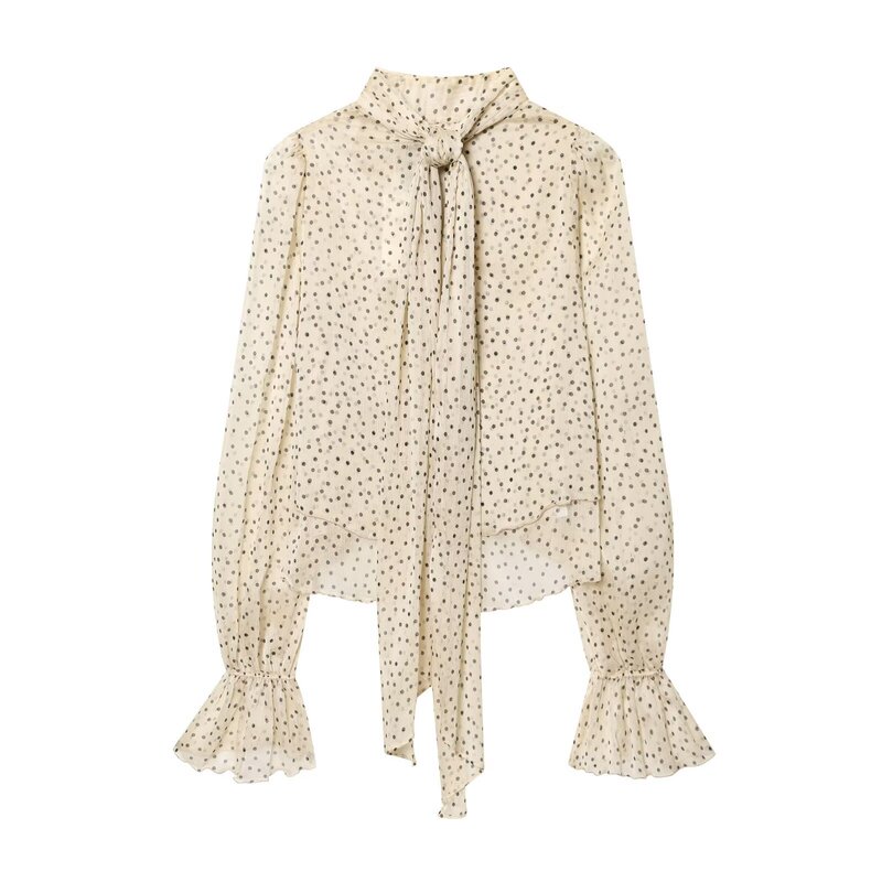 Cross-border bestseller 2026 European and American ins-style elegant women's clothing Polka dot tie-neck ruffle shirt 27034101 Cross-border bestseller 2026 European and American ins-style elegant women's clothing Polka dot tie-neck ruffle shirt 27034101