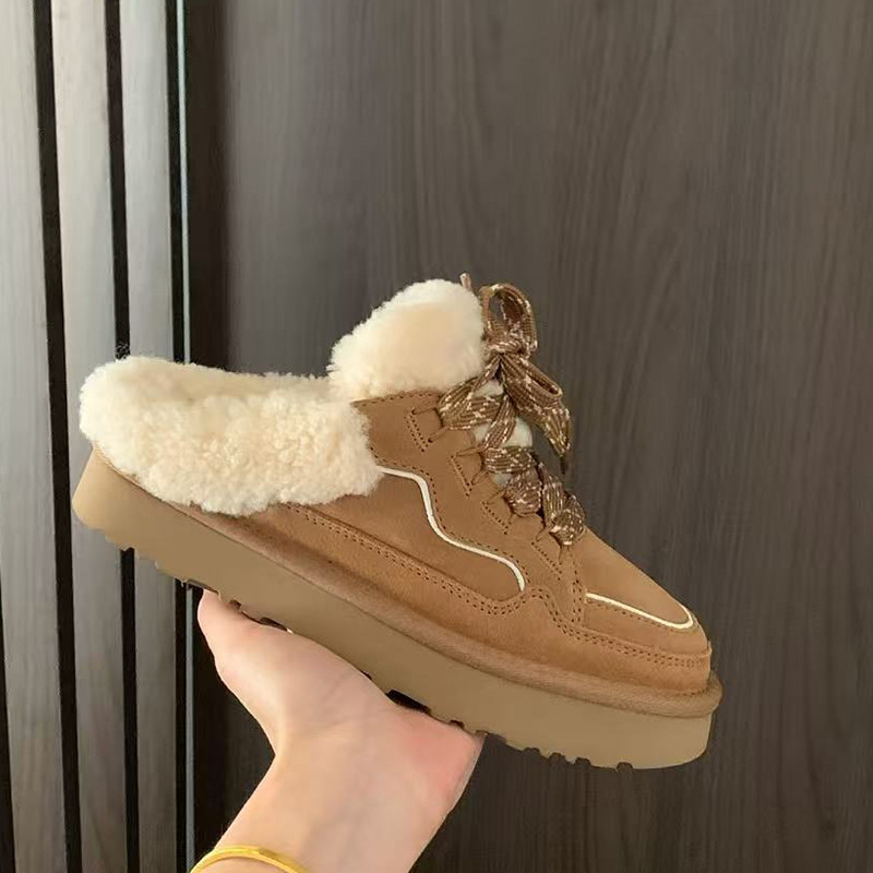 Henan Sanpo's new model of Mermulle half-strap genuine leather and wool thick-soled slippers, cross-border casual wool slippers