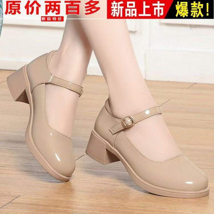 2026 primavera y otoño nuevos zapatos de cuero suave brillante, zapatos de talón grueso y medio cómodos, antideslizantes, zapatos de cabeza redonda superficiales