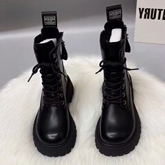 高帮英伦风马丁靴女黑色2025秋冬新款后拉链厚底显高百搭加厚短靴