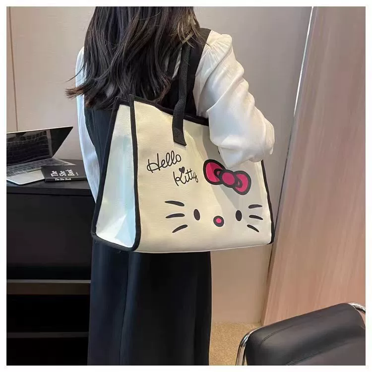 Плечевая сумка Tote (Hello Kitty) из льна, просторная, версия без подкладки или с подкладкой