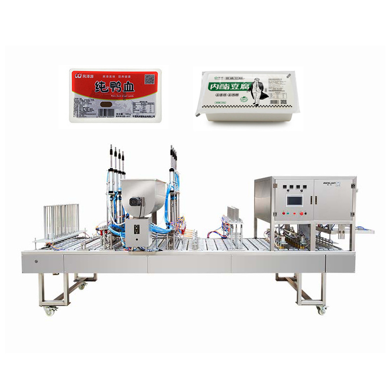 全自动一出四PP塑料盒装内酯豆腐封盒包装机鸭血盒连续灌装封口机