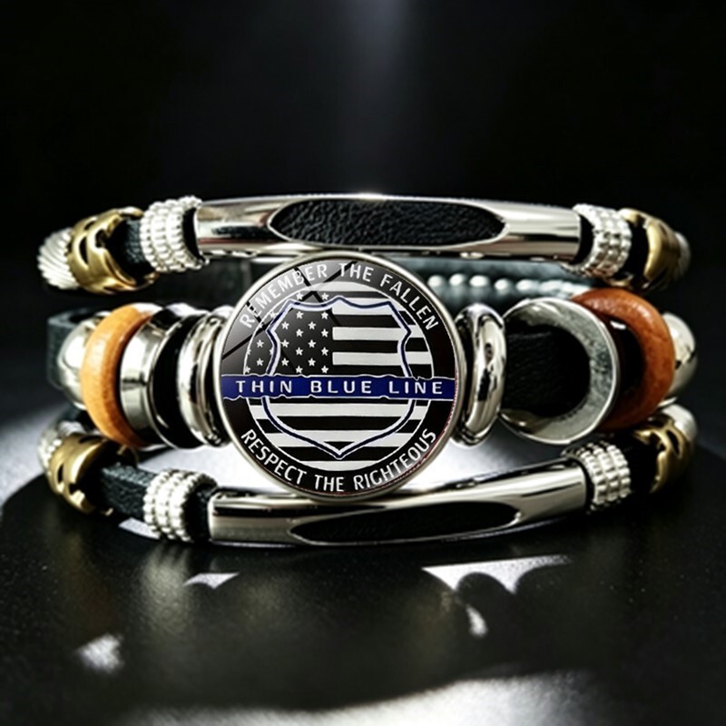 Cross-border bestseller: American thin blue line police-themed pattern leather bracelet, multi-layer leather hand accessory, wholesale Cross-border bestseller: American thin blue line police-themed pattern leather bracelet, multi-layer leather hand accessory, wholesale