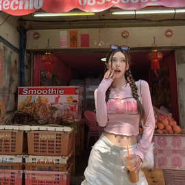 短款辣妹纯欲风修身显瘦打底衫女粉色小众设计感紧身短袖t恤上衣