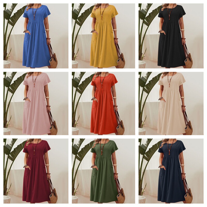 2026 Cross-Border Amazon European and American Women's Fashion Long Dress New Solid Color Round Neck Pocket Pleated Short Sleeve Cotton Linen Dress