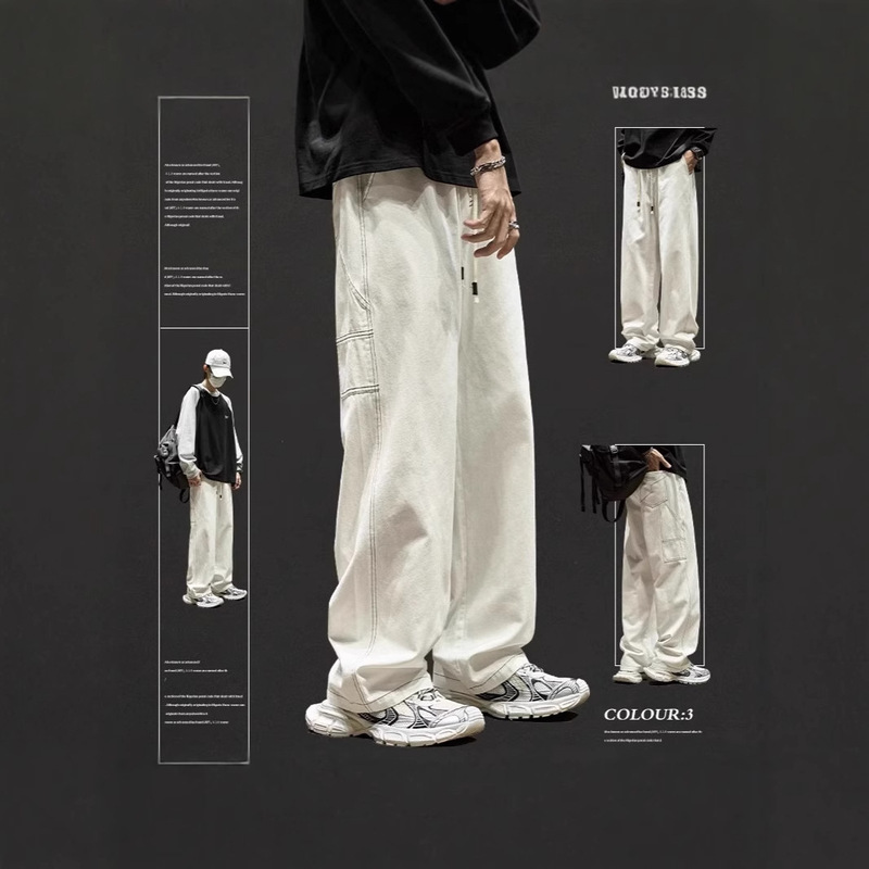 2024 American Style High Street Pocket Gray Overalls Men's Straight Jeans Long Trendy Brand Loose Wide Leg Casual Pants Women