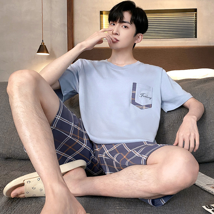 Pijamas de verano de los hombres de algodón artificial de cuello redondo jersey de manga corta pantalones cortos traje casual desgaste del hogar se puede usar fuera supermercado