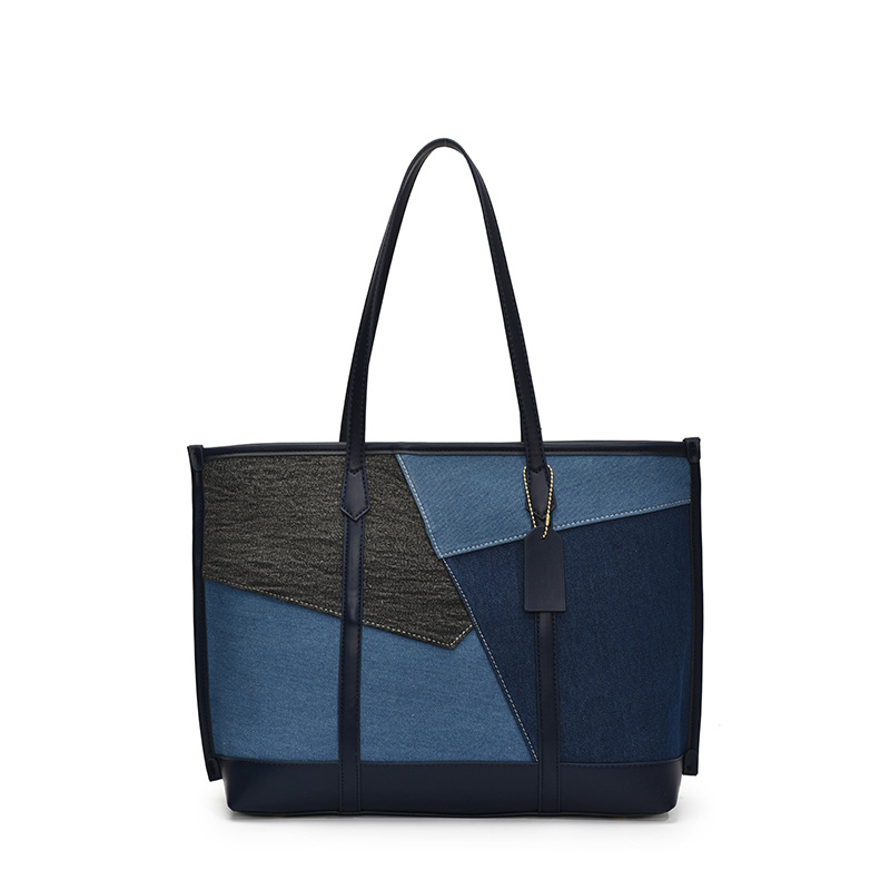 Bolso Tote de Hombro de Mezclilla en Bloques de Color con Cierre de Cremallera para Uso Diario