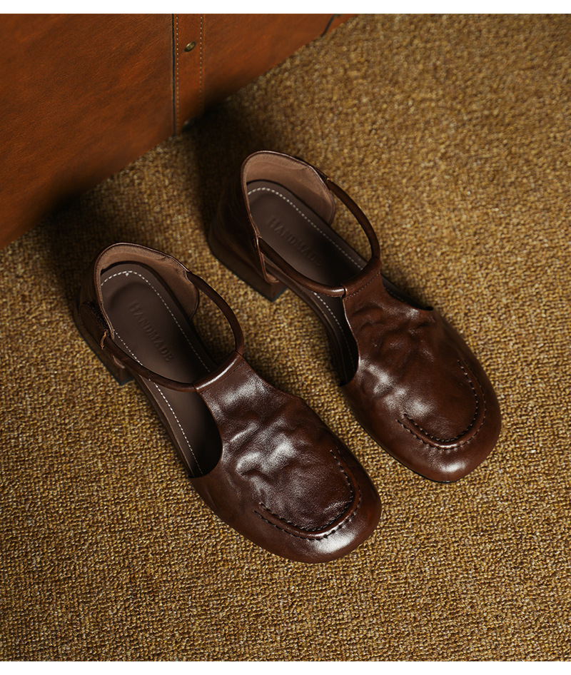Dép sandal nữ quai ngang mũi tròn đế bằng da bò phong cách retro — màu nâu chi tiết 13