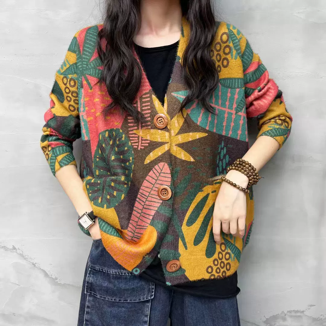 针织毛衣女秋冬2025新款民族风云南印花v领开衫水貂绒女外搭跨境