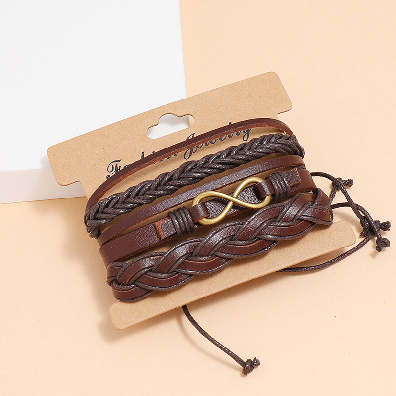 Retro multi-layer braided leather bracelet three-piece set