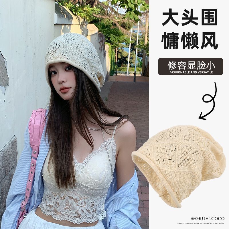 Japón gancho a mano hueco sombrero de pila para mujeres de otoño de color sólido alrededor de la cabeza muestra la cara pequeña sombrero frío delgado sombrero de cabeza