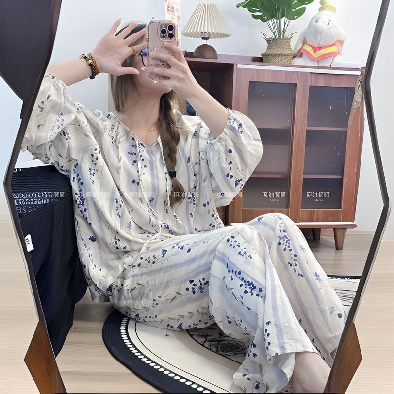 棉绸睡衣家居服慵懒国风睡衣女夏季圆领空调服百搭|undefined