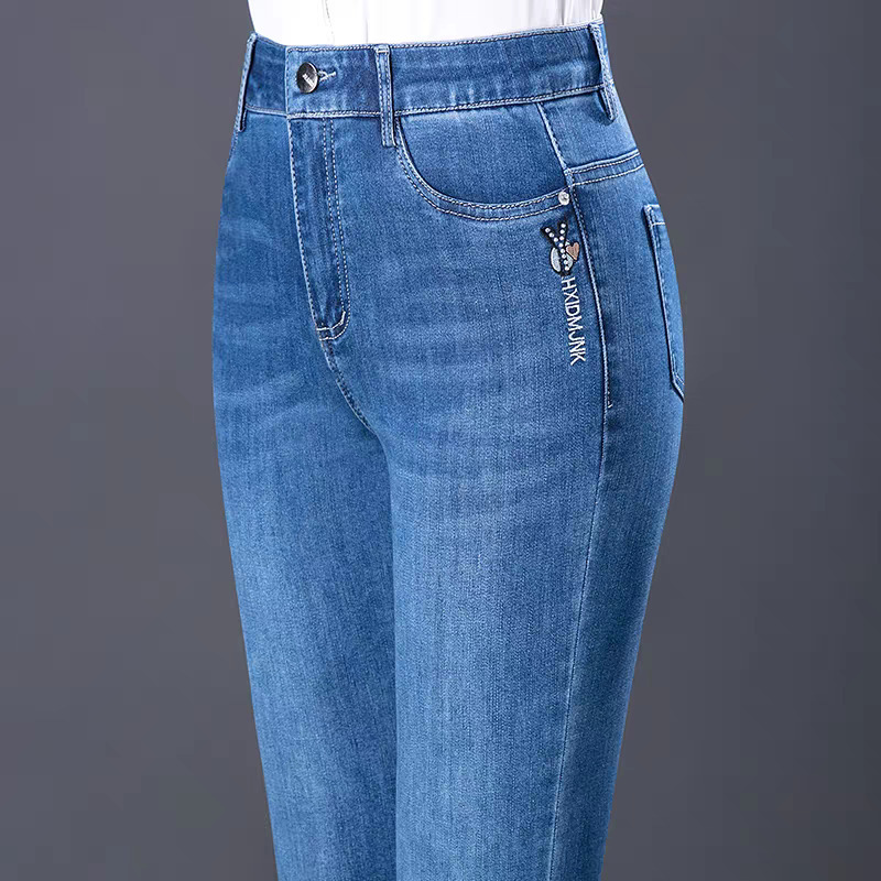 Women's Straight New Middle-Aged Jeans Loose Spring, Summer and Autumn Elastic Mom Slim Casual High-Waisted Pants