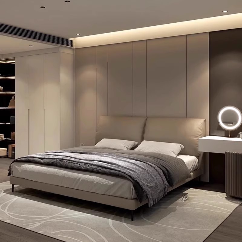 Cama de cuero ligera de lujo italiana, cama de orejas de elefante moderna y simple, cama principal de alta gama, atmósfera doble, cama de boda doméstica.