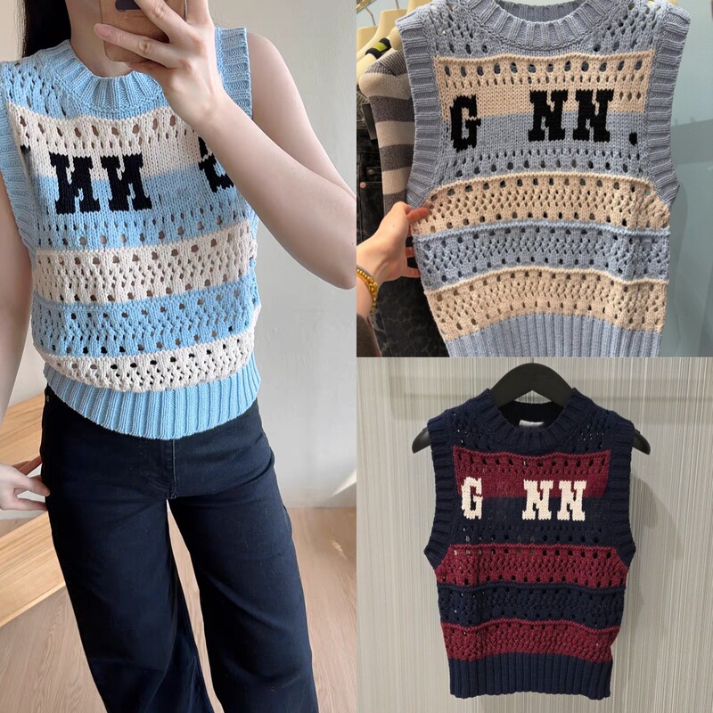 Special Yarn~25 Early Autumn New Scandinavian Letter Logo Round Neck Knitted Sweater Sleeveless Stripesd Vest