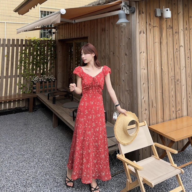 Designed Age-Reducing Floral Puff Sleeve Dress for Women Summer 2025 New Waist-Cinching Niche Korean A-Line Long Skirt