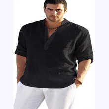 春季欧美外贸男士休闲宽松衬衣男潮立领棉麻长袖纯色衬衫大码男装