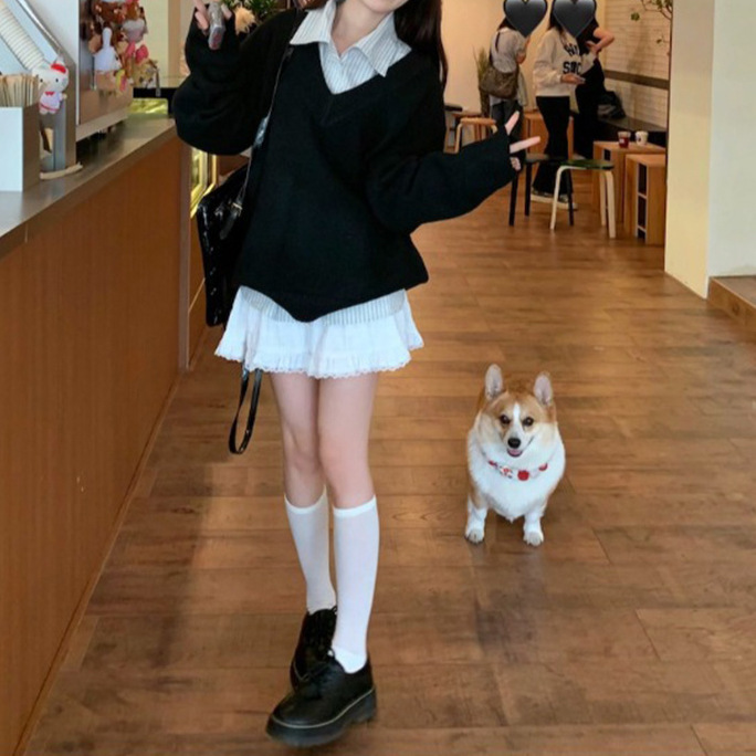 学院風減齢スーツ女性絶美セーターストライプシャツ上着A字半身スカート三点セットファッションスーツ|undefined