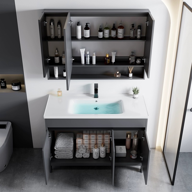 gabinete de baño de aluminio espacial combinación de gabinete de baño tipo pequeño gabinete de cerámica integral cuenca impermeable a prueba de agua humedad tipo piso