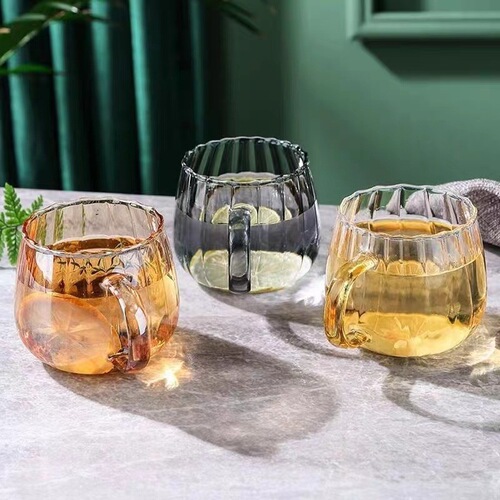 Ribbed glass cup, high borosilicate, vertical stripe petal pattern handle cup, home office coffee cup, milk cup, tea cup