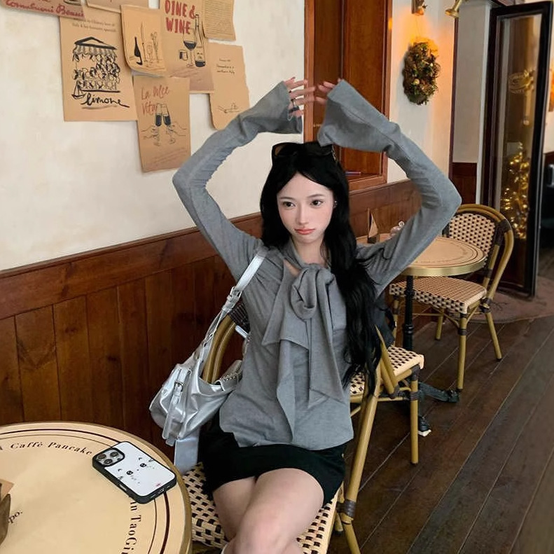 设计感荷叶边飘带长袖藏蓝色上衣女装秋季百搭打底衫修身内搭T恤|undefined