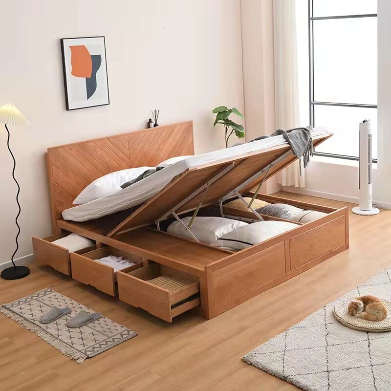 Solid wood high Box storage air pressure bed large capacity Cherry fish bone bed frame with drawer Nordic style bed