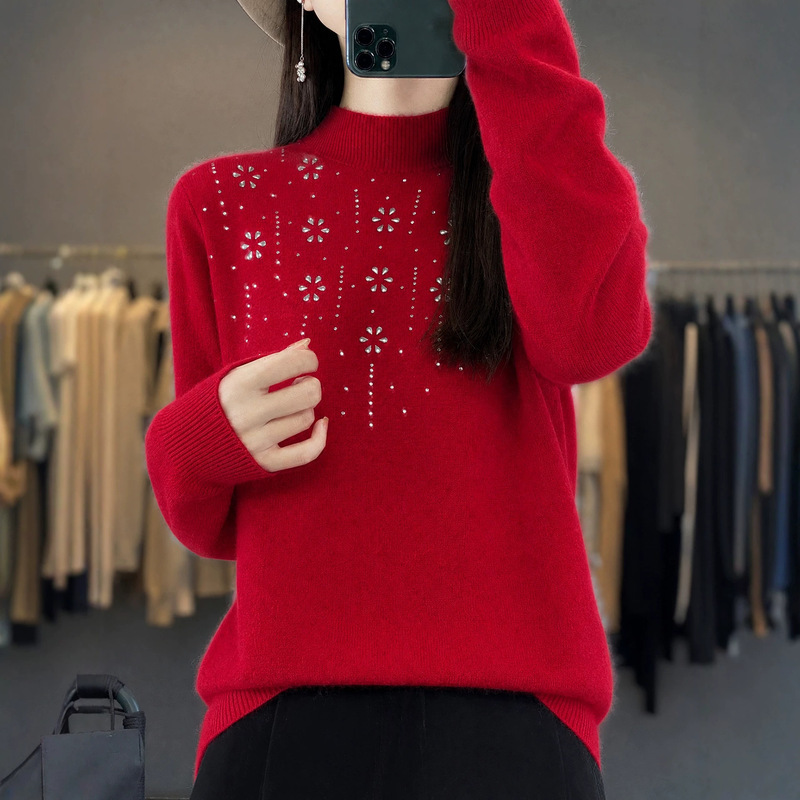 Andy Velvet Half-Turtleneck Rhinestone Knit Sweater for Women, Autumn/Winter Fashion Rhinestone Long Sleeve Pullover Sweater, Inner Layer Top