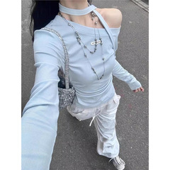 蓝色斜肩修身长袖T恤女2025新款秋季流行穿搭飘带掐腰设计感上衣
