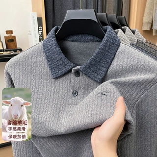 秋冬新款含绵羊毛撞色领长袖polo针织衫男士时尚休闲肌理套头上衣