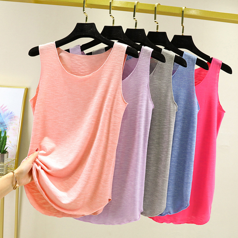 Slub Cotton Camisole Women's Summer New Round Neck Base Shirt Sleeveless Slim-fit All-match Inner Irregular Top