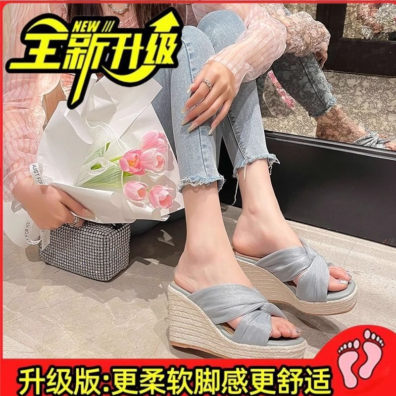 小个子9cm增高厚底拖鞋鞋纽结草编坡跟拖鞋9cm夏外穿高跟一字凉鞋|undefined