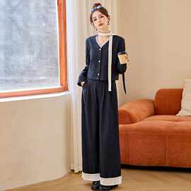 蕾丝拼接灰蓝色西装套装女2025春新款韩系一整套通勤直筒裤两件套