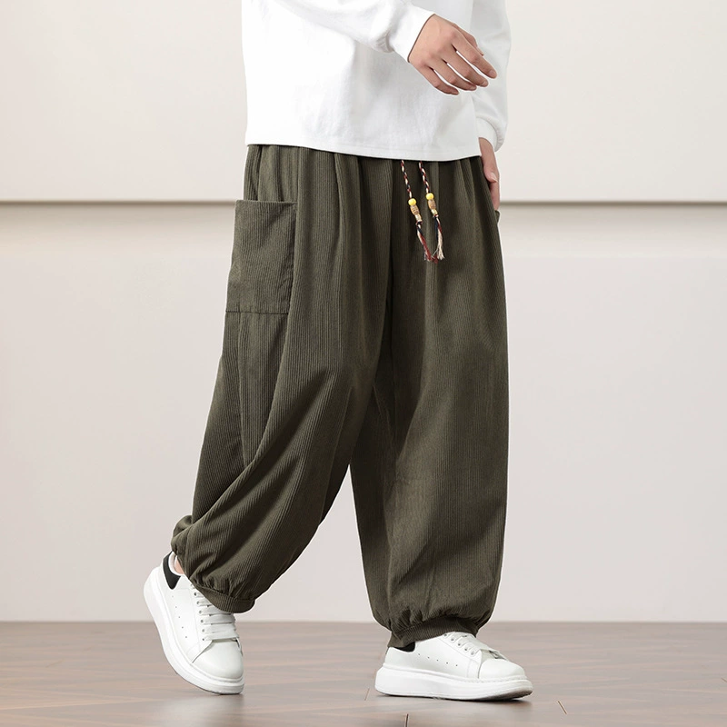 Осень 2024, вельветовые шаровары в китайском стиле, мужские свободные широкие брюки большого размера, повседневные брюки-фонарики, дропшиппинг
