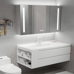 日式浴室櫃組合白色實木智能鏡櫃洗臉洗漱台池岩石一體盆衛浴櫃