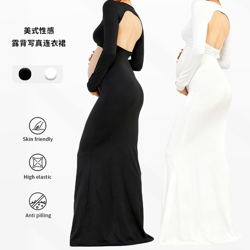 Cross-border European and American Pregnant Women's Photography Clothing Stretch Maternity Dress Fish Tail Skirt Backless Belly-Baring Floor-Long Skirt for Women