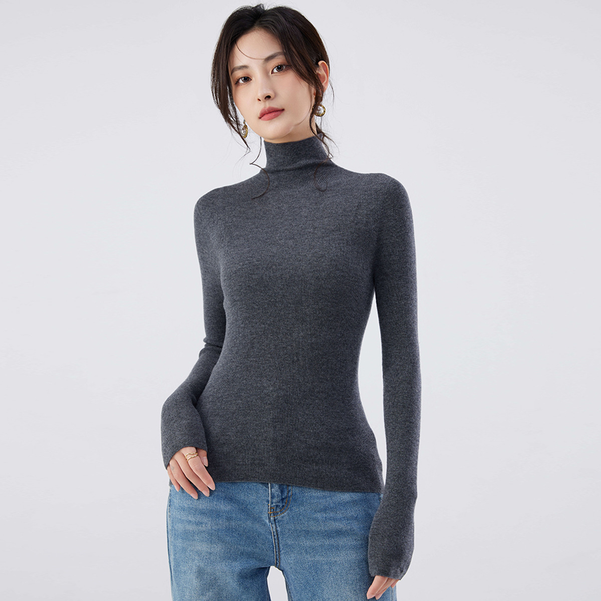 洗濯機で洗えるシームレス18針精編ニットベースレイヤー100%ピュアファインウールセーター女性用秋冬ハイネックセーター