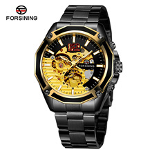 FORSINING富西尼手表  鏤空透底鋼帶機械表黑色手表男士腕表