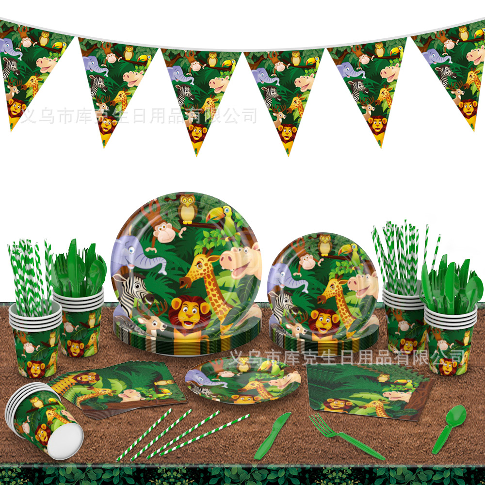 Amazon fabricantes nuevo animal selva fiesta de cumpleaños los niños suministros sombrero desechable plato tire bandera Decoración