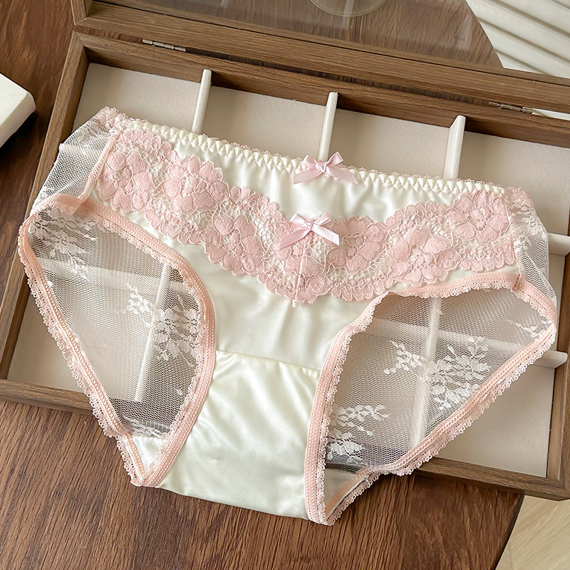 墨香淡雅~轻柔细腻浪漫蕾丝内裤女高级珠光缎面亲肤裸感女三角裤|undefined