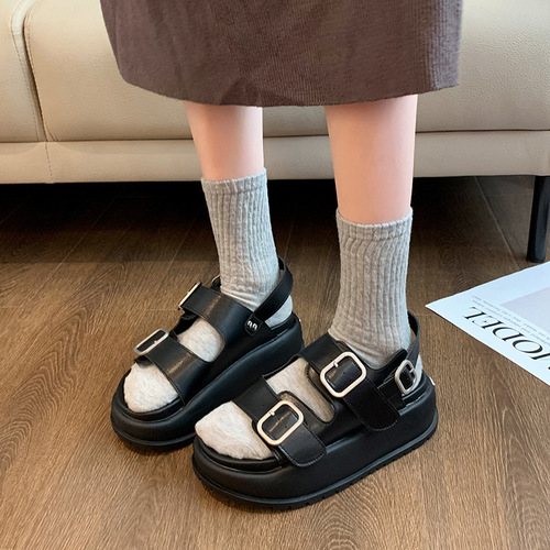 Roman sandals for women 2024 summer new thick-soled Korean-style retro round-toe double strap student casual beach sandals