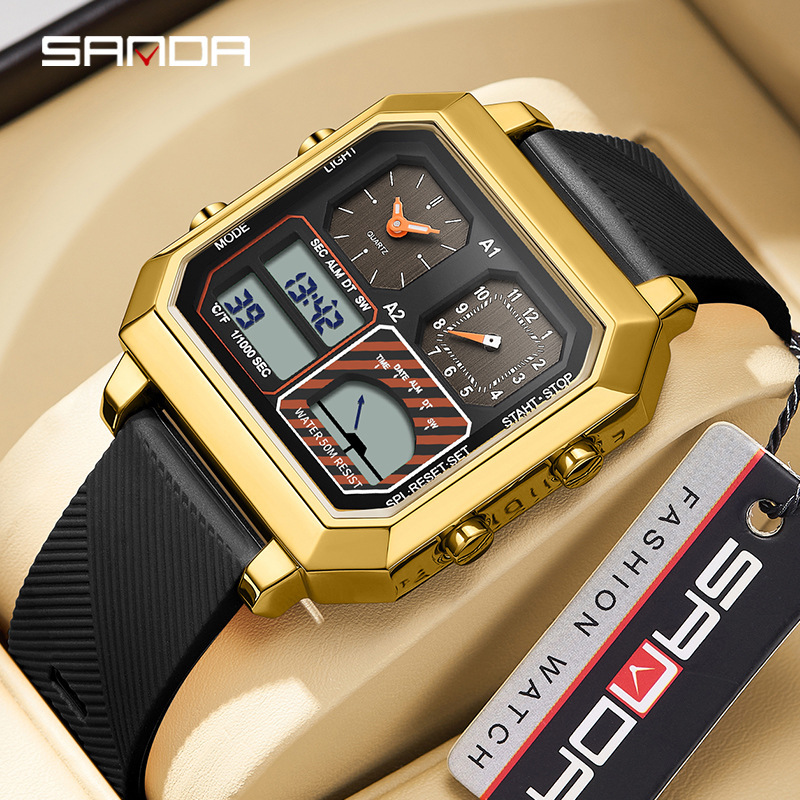 三达跨境热卖时尚电子潮流表方形腕表多功能环境测温双显男女手表