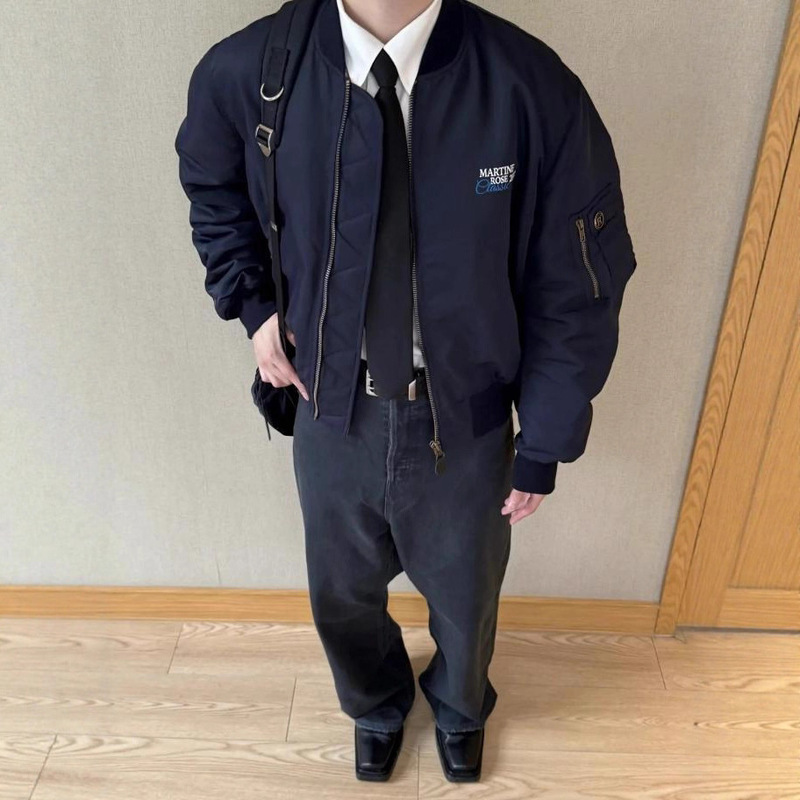 High Version Martinerose Navy Blue Double-Sided Bomber Pilot Jacket for Men and Women Couple Cotton Jacket