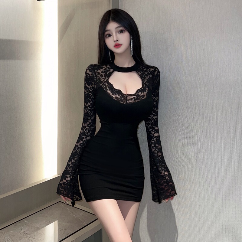 Pure Desire Style Black Long-sleeved dress Women's Autumn Lace Stitching Slim-fit Short Skirt Body-tight Waist Hip Skirt