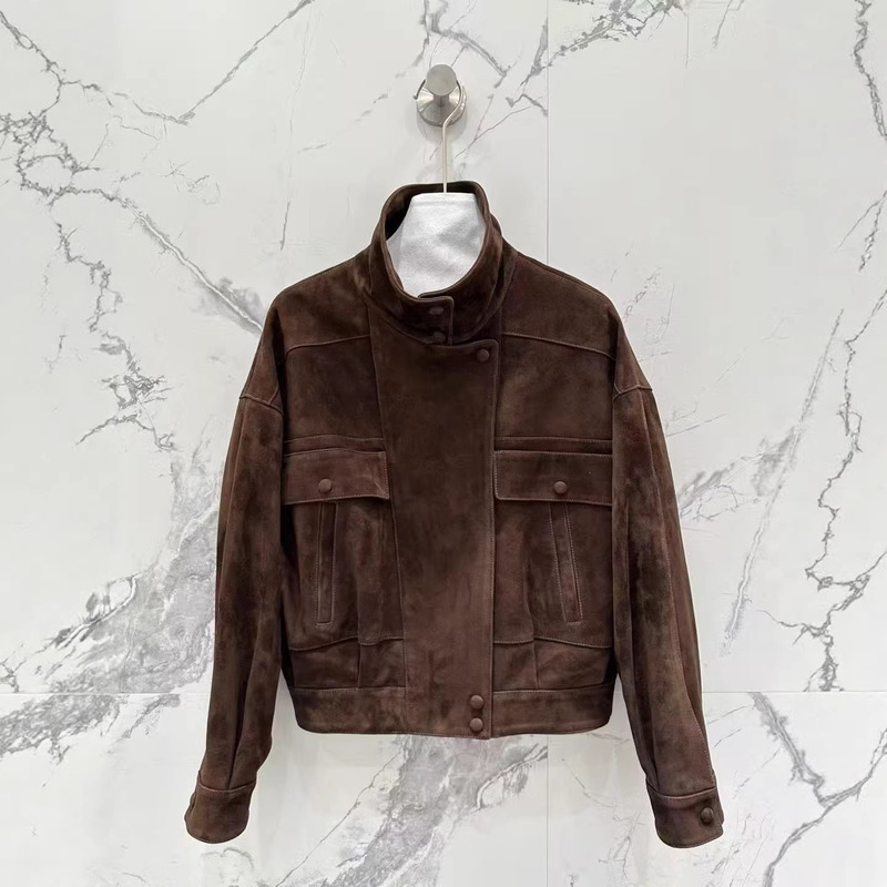 2026 New Retro Suede Stand-Collar Short Leather Jacket for Women, Fashionable Biker Style Versatile Trendy Jacket
